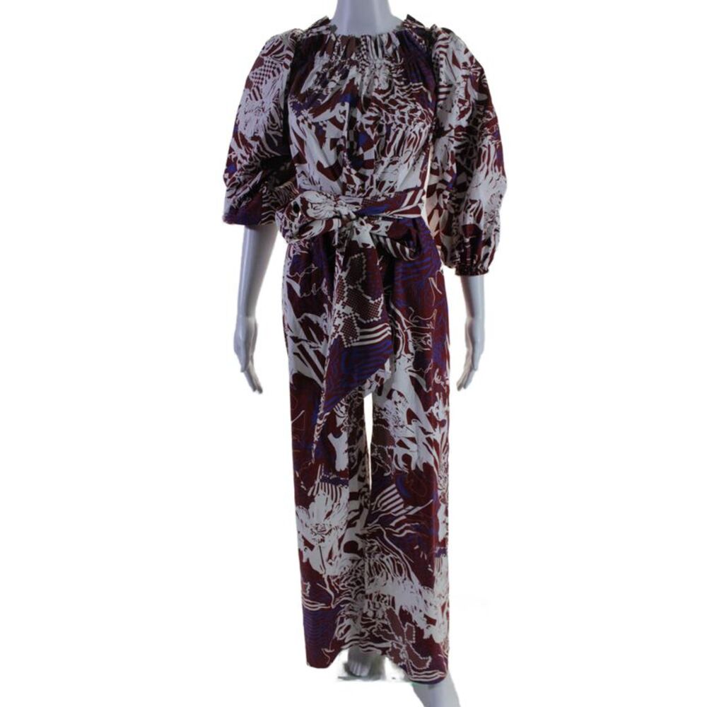 Halpern Womens Abstract Print Ruched Back Zipped Wide Leg Jumpsuit Red Size 34 S